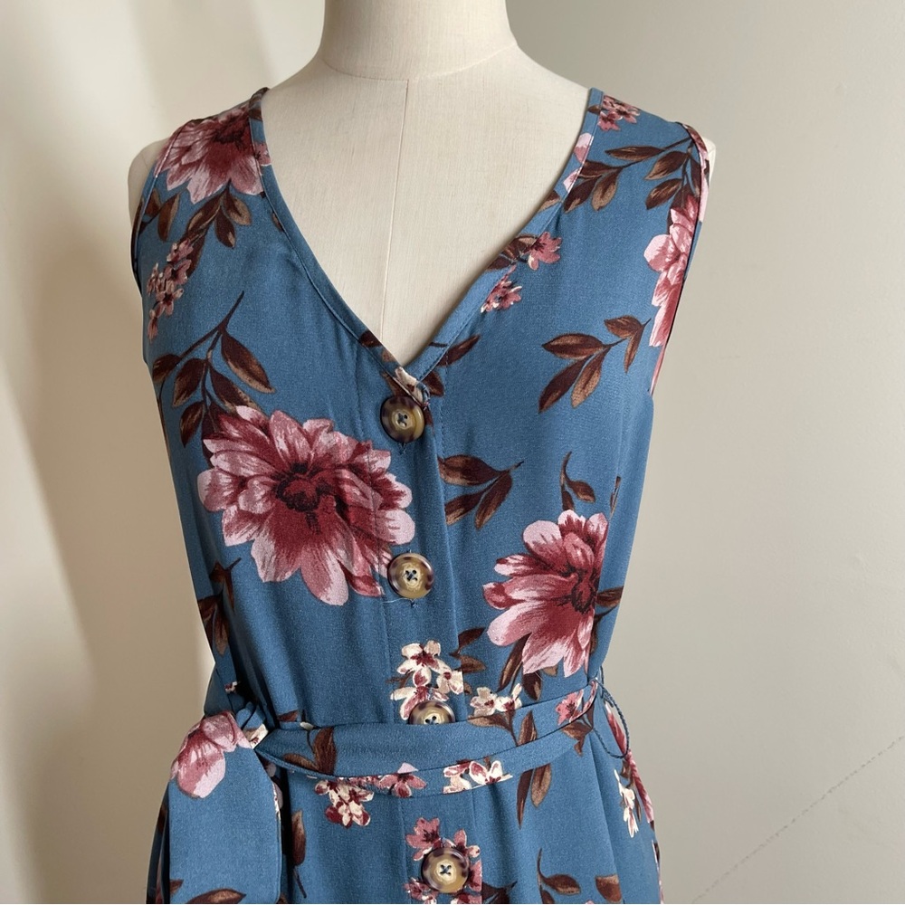 Xhilaration Womens Dk.Teal Floral Print Button Front- SZ S - Sleeveless Jumpsuit - Picture 3 of 11